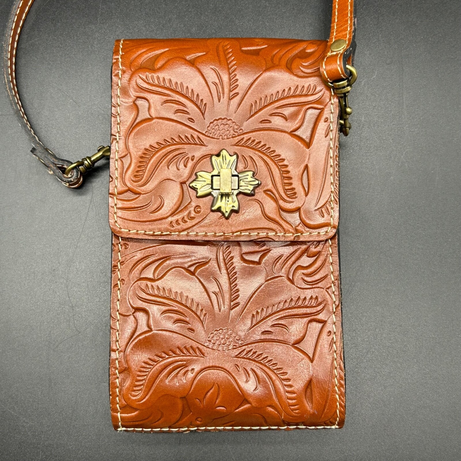 Patricia Nash Florence Leather Crossbody Bag Phone Case Brown Tooled Euc